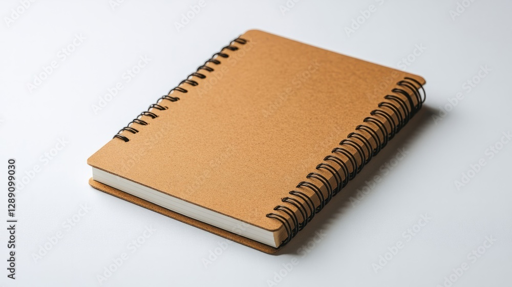 Poster a light brown spiral-bound notebook with sharp corners resting on a white background