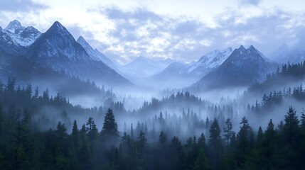 Fototapeta premium Mystic morning mountains, foggy forest, photo-realistic scenic view