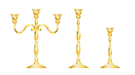 Watercolor isolated cliparts of elegant gold candelabra without candles and two candlesticks. Perfect for weddings, event decor, romantic dinners, Valentine's Day, Christmas, Halloween. Vintage style