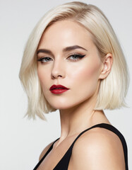 A high-fashion portrait of a woman with platinum blonde hair, bold makeup, and chic black attire. Set against a stark white background, the minimalist style and strong contrast create a contemporary,