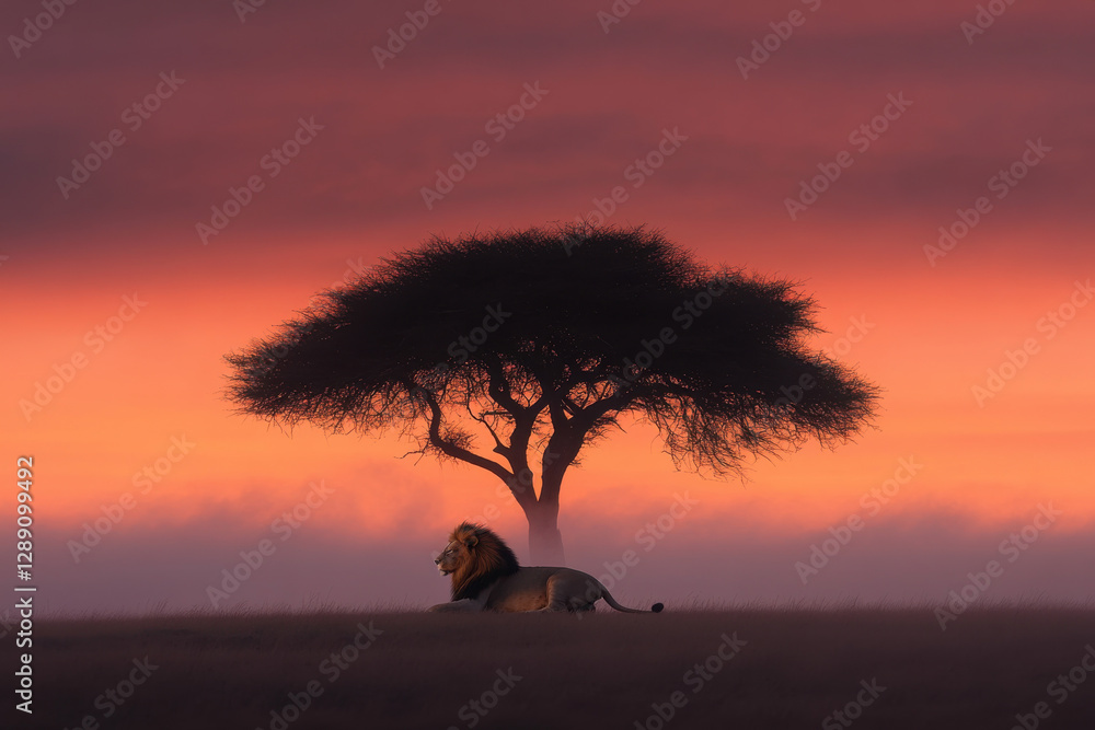 Poster a lion is laying down in front of a tree in a field