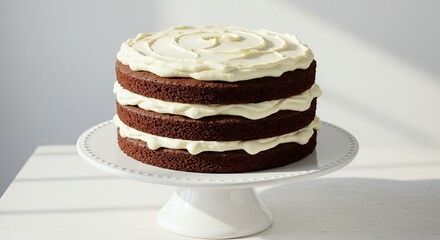 Three Layer Chocolate Cake with White Frosting on Cake Stand