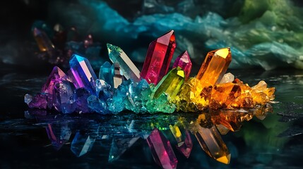 Rainbow-colored crystal shards scattered on dark reflective surface
