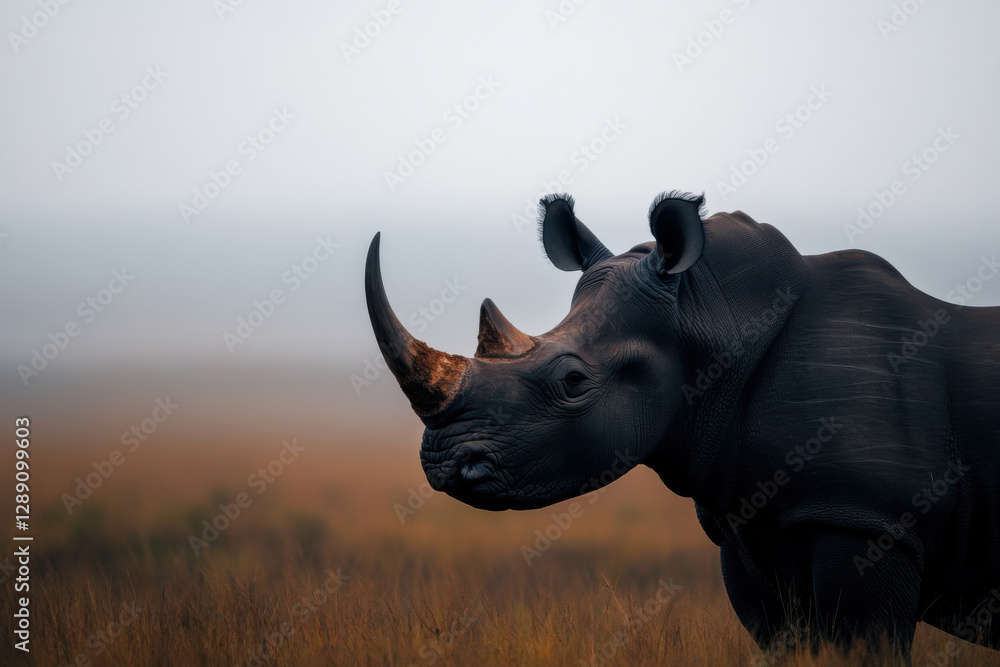 Poster a rhino is standing in a field with a cloudy sky in the background