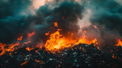 Raging Fire and Smoke Rising from a Pile of Burning Garbage