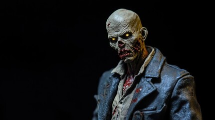 Close-up of a decaying zombie figure, glowing eyes piercing the darkness. Horror, thriller, undead.