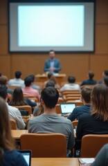 Obraz premium Students attend lecture in hall. Professor gives presentation on screen. Modern classroom with tech. Higher education, career growth in university. Group of scholars learn together. Audience in