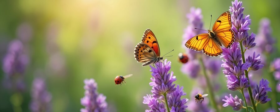 Butterfly, honey bee and ladybugs on lavender flower. Concept of nature biodiversity, environment care. Orange butterflies and ladybirds on purple flowers in a garden.