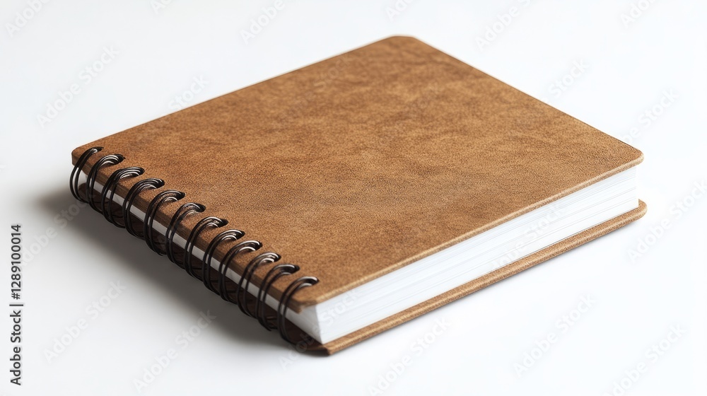Poster a light brown spiral-bound notebook with sharp corners resting on a white background