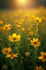 Obraz premium Silvery illumination on a field of golden blooms, nature, silvery light, golden blooms