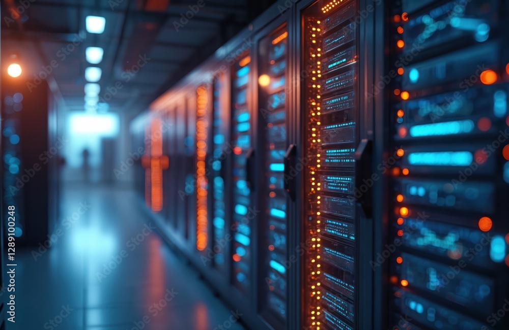 Poster modern data center filled with servers illuminated by orange, blue lights. captures technology, digi