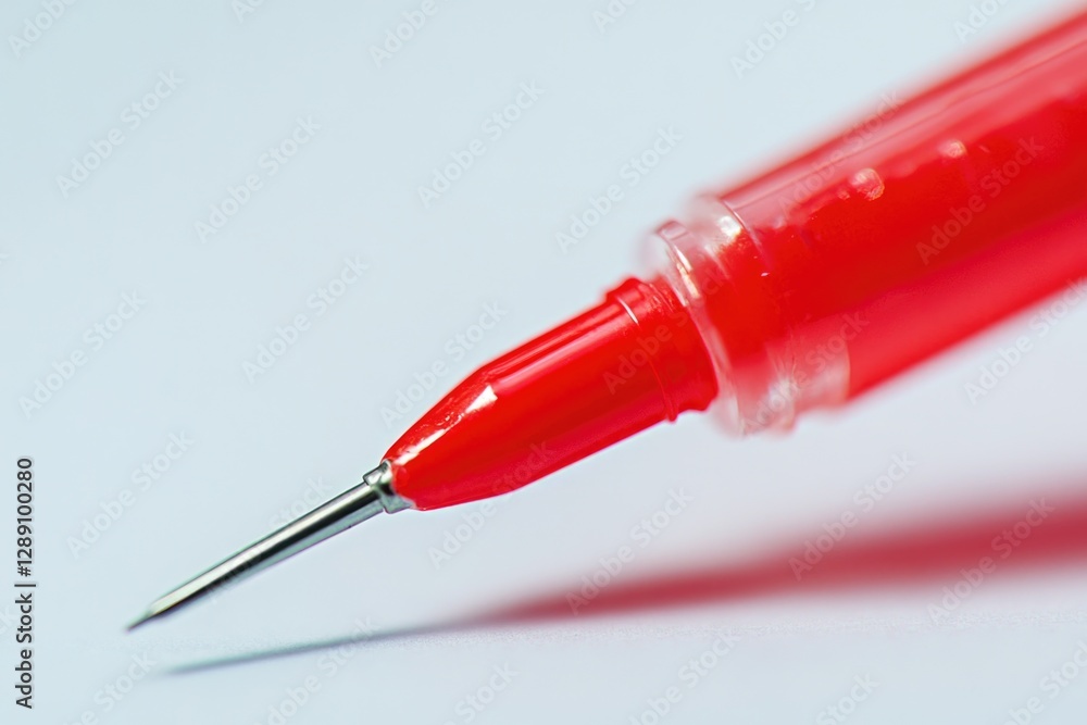 Poster a close-up view of a red pen lying on a white background, ideal for use in designs and compositions 