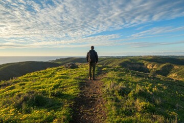 Fototapeta premium A person standing on a grassy hill with a beautiful ocean view