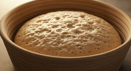 Rising Bread Dough in Round Basket Ready for Baking Process