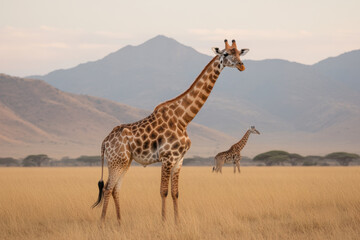 Obraz premium A giraffe stands in a field of tall grass, looking out over the mountains
