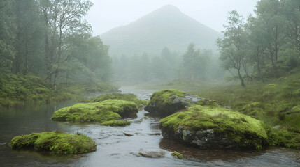 Misty mountain stream, mossy rocks, Scotland, tranquil nature scene, wallpaper