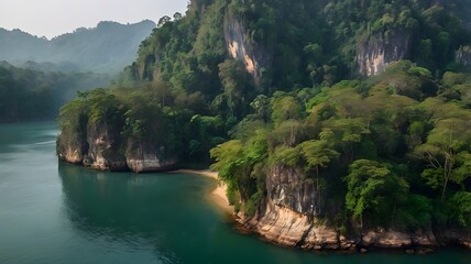 Fototapeta premium Lush Rainforest River Cliffs Tropical Landscape Aerial View