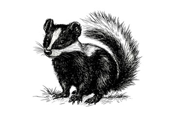 Hand-drawn skunk vector, black sketch effect, forest animal illustration, trendy vintage wildlife art, old engraving style, nocturnal, white background design.