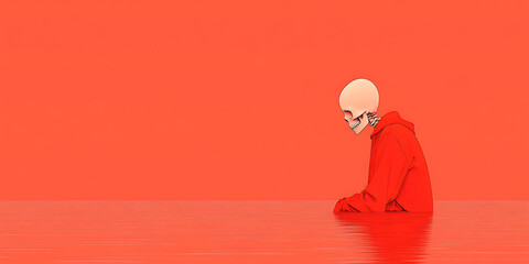 Obraz premium A skeletal figure in a red hoodie sits submerged in water, against a stark monochromatic backdrop creating an atmosphere of contemplation and isolation.