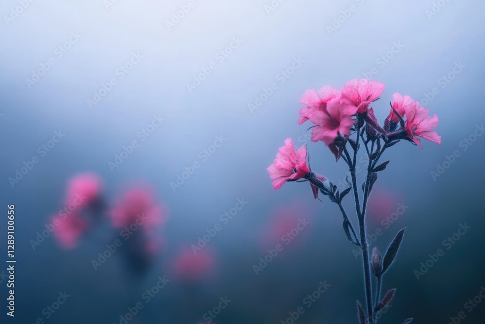 Sticker A bouquet of pink flowers growing in a lush green field