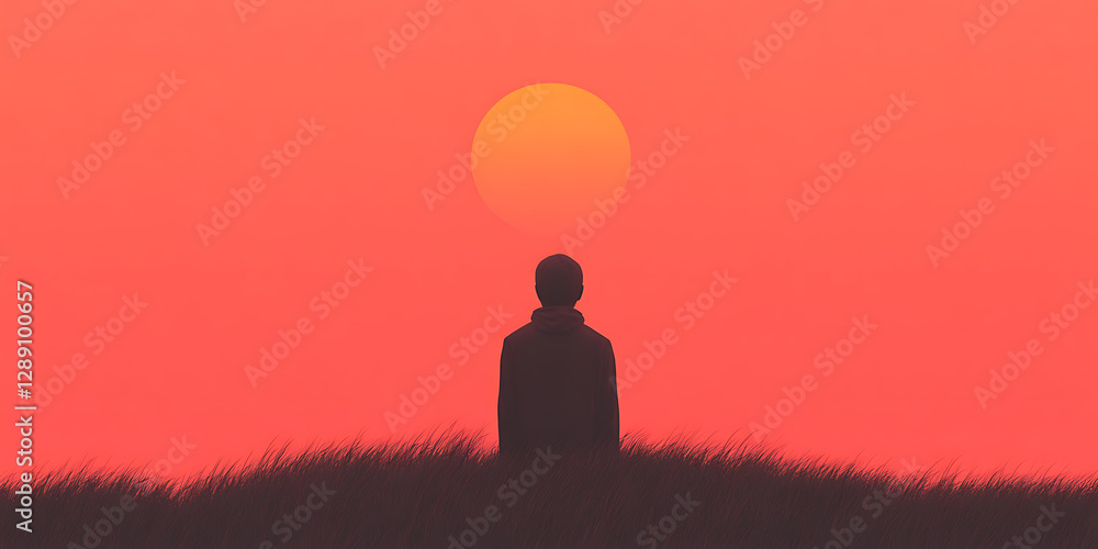 Poster silhouette of a person stands in a field under a large sun, creating a serene and contemplative scen