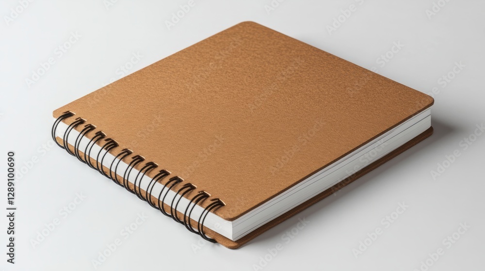 Poster a light brown spiral-bound notebook with sharp corners resting on a white background