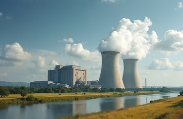 Large nuclear power plant featuring cooling towers emits steam near river. Gray industry building in rural landscape generates energy, electricity. Renewable resource facility with reactor,