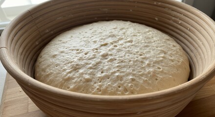 Rising Bread Dough in Banneton Proofing Basket Ready for Baking
