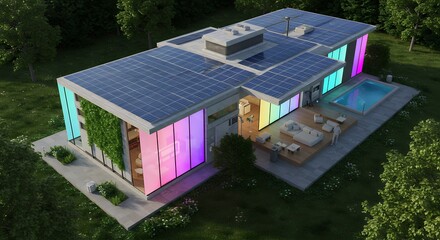 Modern Solar Panel House with Colorful Lighting and Swimming Pool Aerial View