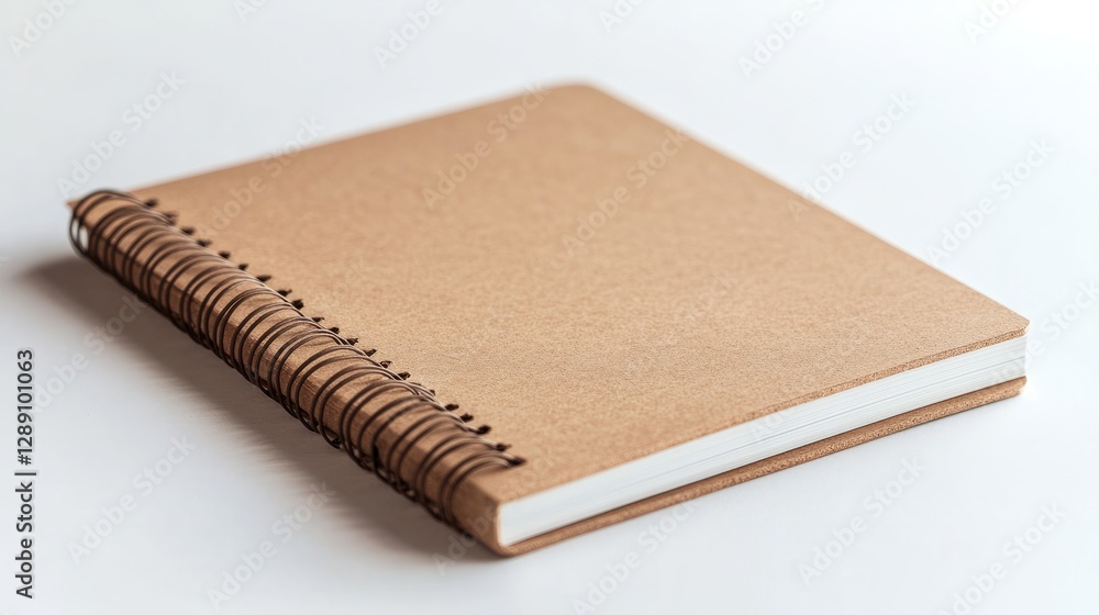 Poster a light brown spiral-bound notebook with sharp corners resting on a white background