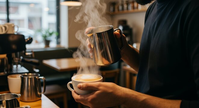 Barista pouring milk into latte creating art with coffee steam - Powered by Adobe