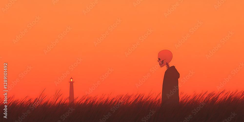 Poster a desolate scene under a fiery sky, where a skeletal figure stands in a field of grass near a distan
