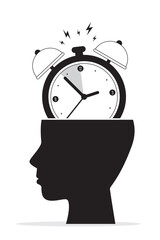 Black silhouette of human head with alarm clock is ringing. time management concept. Open mind with alarm watch inside. Stress of deadline and being late.