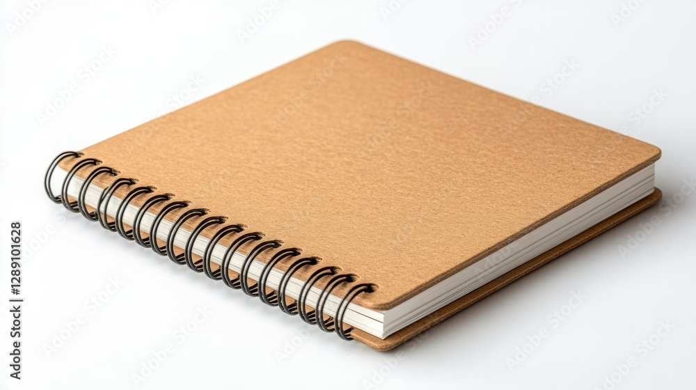 Poster a light brown spiral-bound notebook with sharp corners resting on a white background