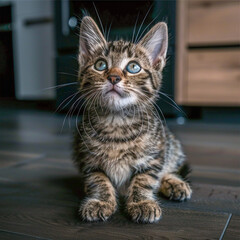 Kitten sits on the floor and looks up. Domestic animal. Pleading look. In the apartment.