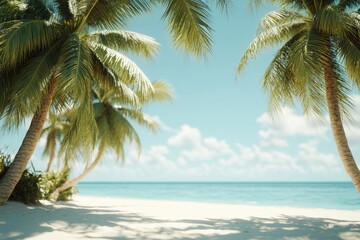 Fototapeta premium A serene beach scene with palm trees and the ocean in the background, ideal for travel or leisure uses