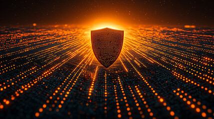 A digital shield glows brightly, symbolizing data protection amidst a futuristic, glowing data stream.