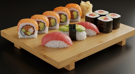 Assorted sushi rolls and nigiri on wooden plate against black background