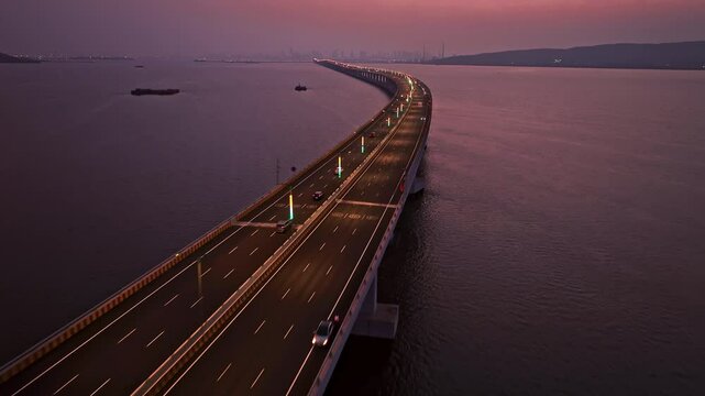 India's Longest Sea Bridge 'Trans-Harbour Sea Link. Nhava Sheva-Sewri sea bridge or Atal Setu in Mumbai, Maharashtra, India. A city at night.