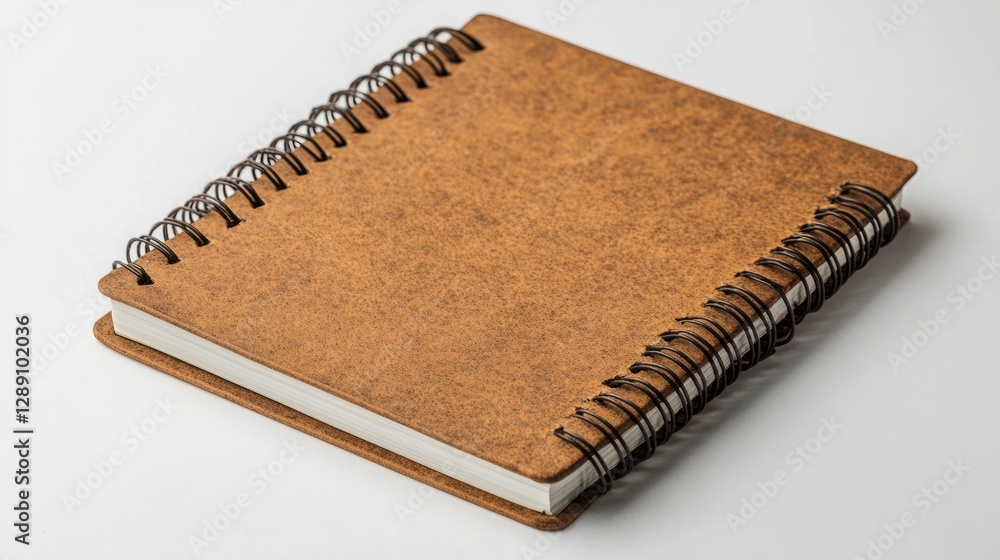 Poster a light brown spiral-bound notebook with sharp corners resting on a white background