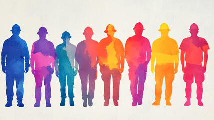Colorful silhouettes of construction workers stand in a line, representing teamwork and diversity in the workforce.