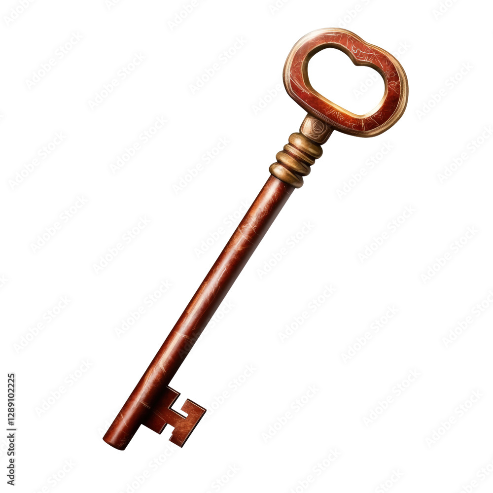 Poster golden key with red and gold accents lying on a textured surface with unique identifier number isola