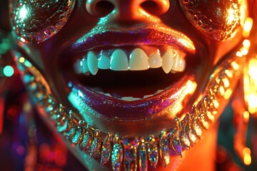 Close-up of a person's face covered in glitter, ideal for parties or celebrations