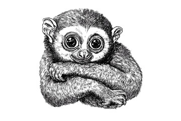 Slow loris hand-drawn art in black sketch effect, vintage wildlife illustration, trendy wall decor, animal art, rustic home decor, old engraving style, nature-themed wall art.