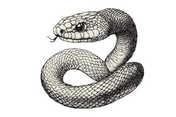 Wildlife print with hand-drawn snake in vintage illustration, black sketch effect, trendy design, old engraving style, reptile art, white background, unique nature artwork, artistic decor.