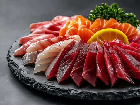 Plateau de sashimis thon, saumon et daurade sur une ardoise