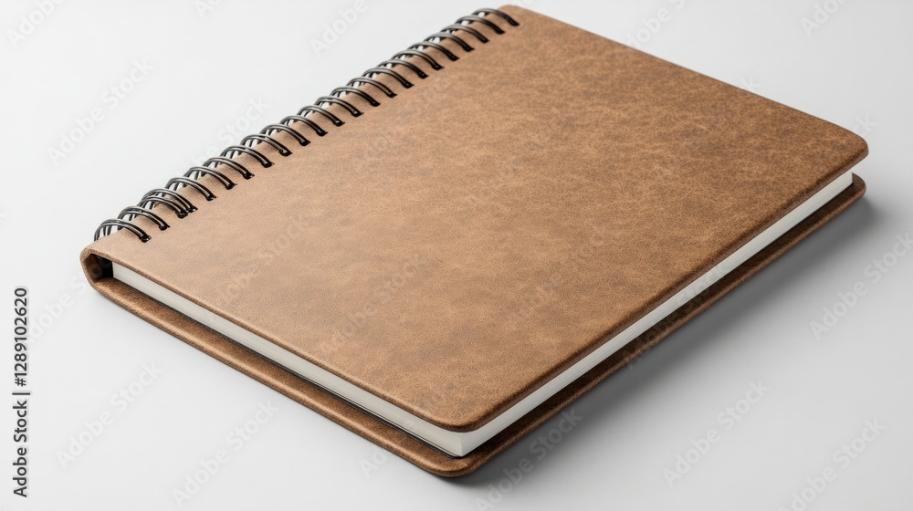 Poster a light brown spiral-bound notebook with sharp corners resting on a white background