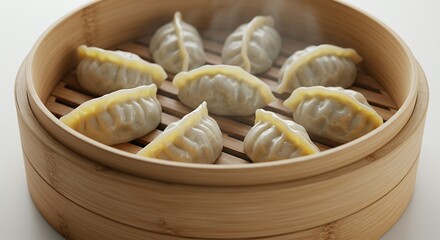 Steaming Dumplings in Bamboo Steamer Freshly Cooked Asian Cuisine