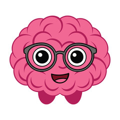 A nerdy cartoon brain with glasses, big round eyes, and a goofy smile. It holds a book, exuding intelligence and curiosity, with a fun, quirky, and geeky charm!