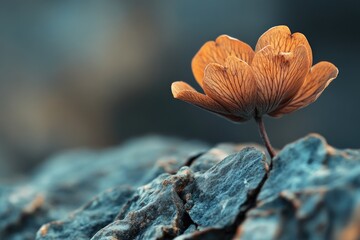 A single orange flower sits on top of a rock in a natural setting, ideal for use in outdoor or nature-related designs